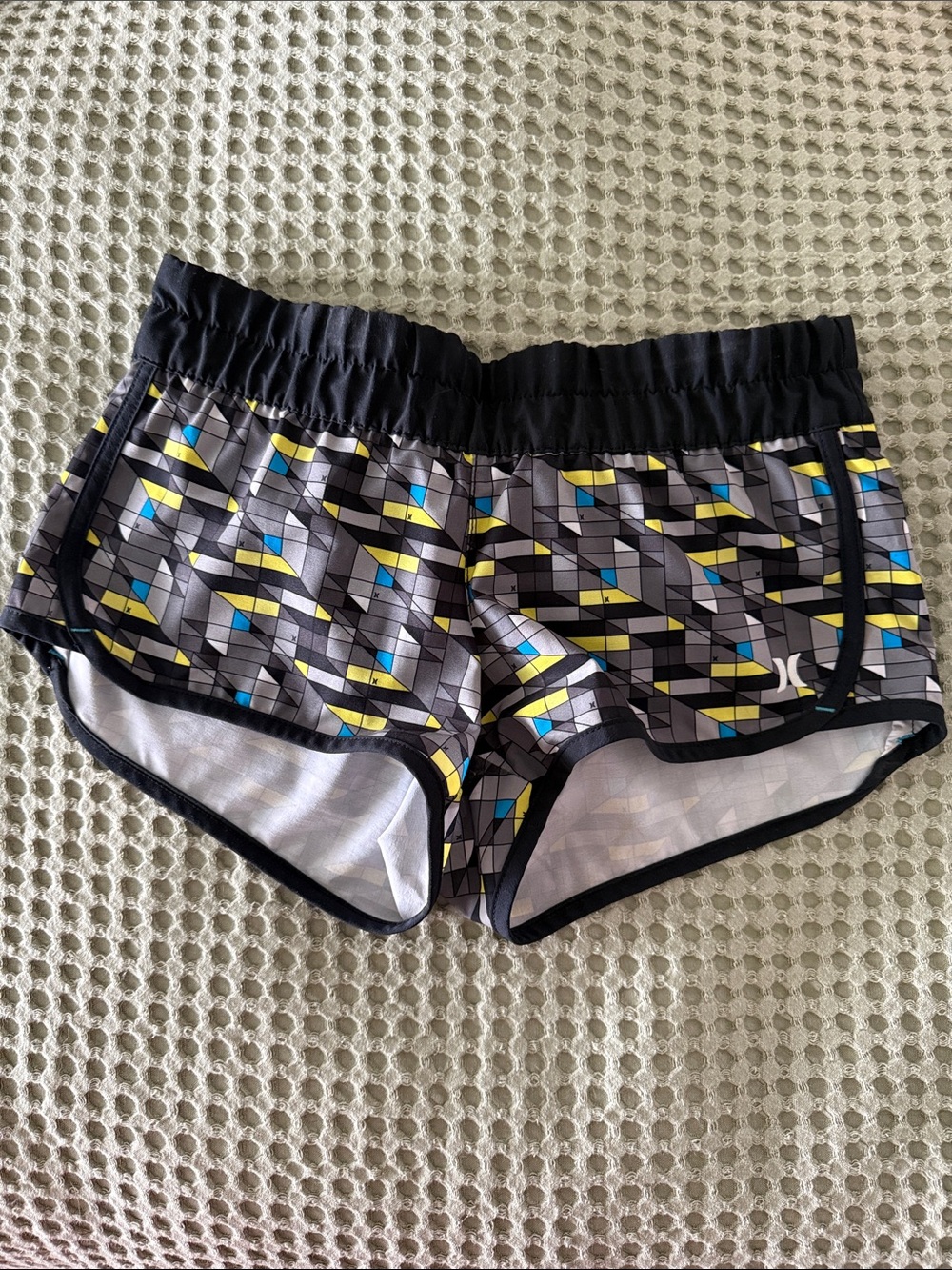 Hurley Black Geometric Print Athletic Shorts with Yellow & Blue Accents